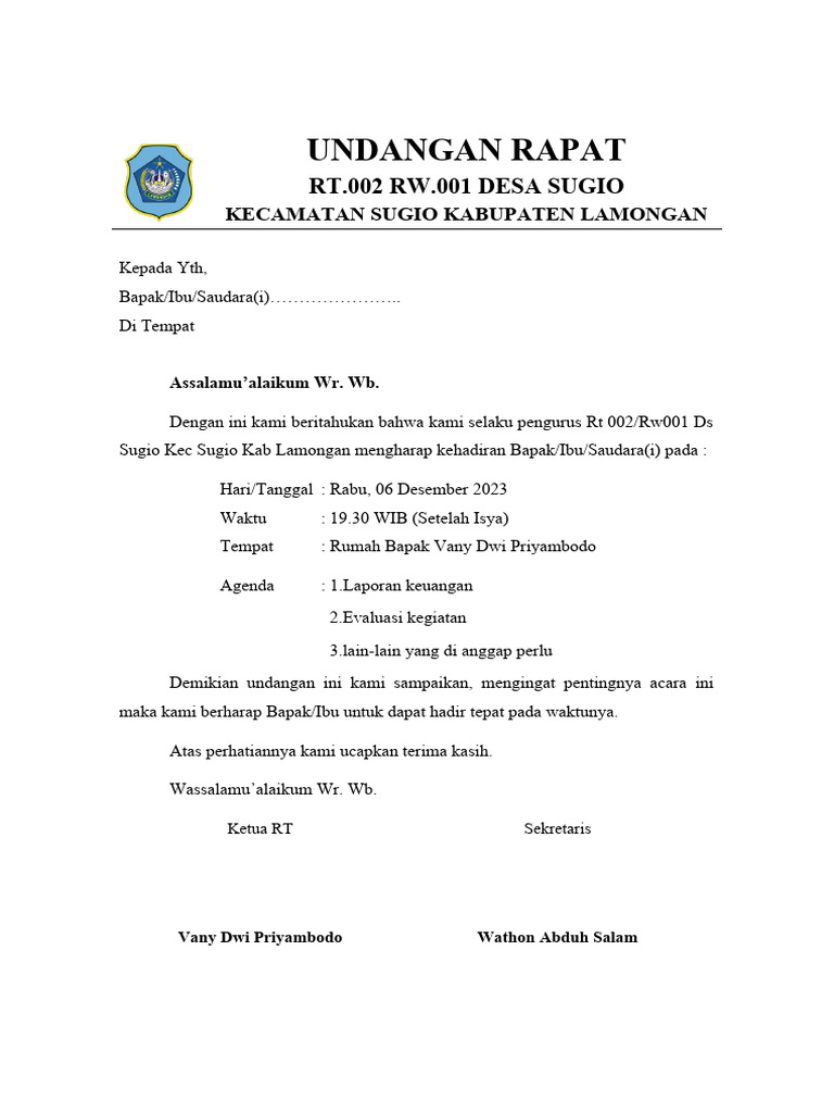 Surat Undangan Rapat RT | PDF