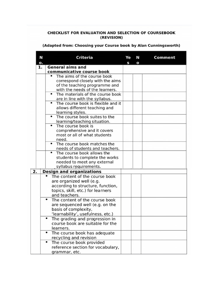 Coursebook Evaluation Checklist Cunningsworth Pdf