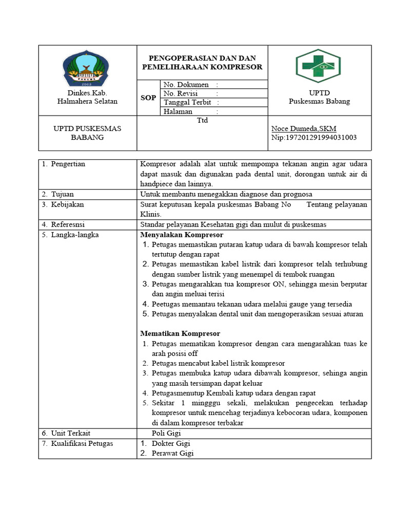 Sop Pengoperasian Dan Pemeliharaan Kompresor | PDF