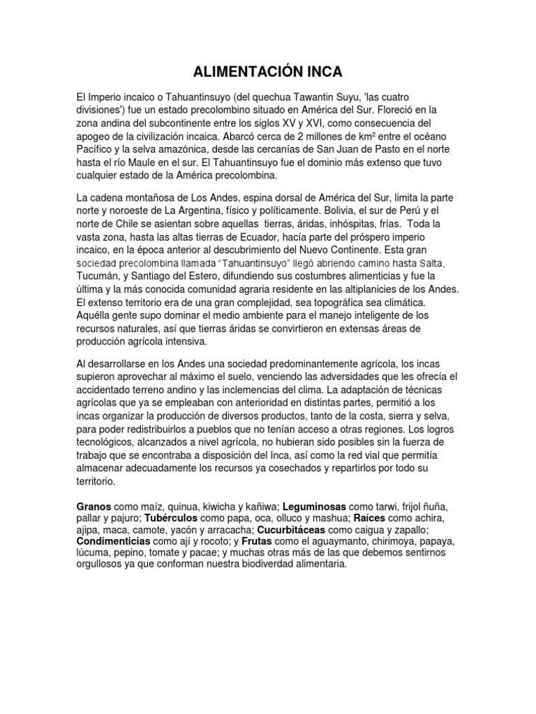Alimentación Inca | PDF | Imperio Inca | Andes