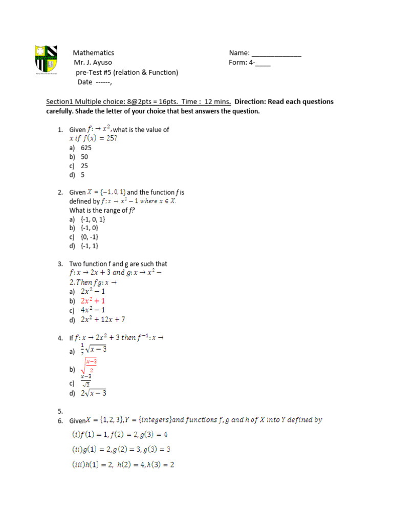 Pretest Math PDF Function (Mathematics) Mathematics