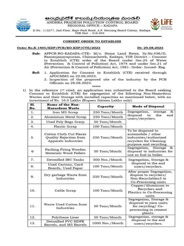 Home Land Retex CTE Order | PDF | Waste Management | Waste