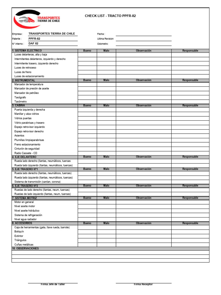 Checklist de Inspección Tracto PPFR-82 | PDF