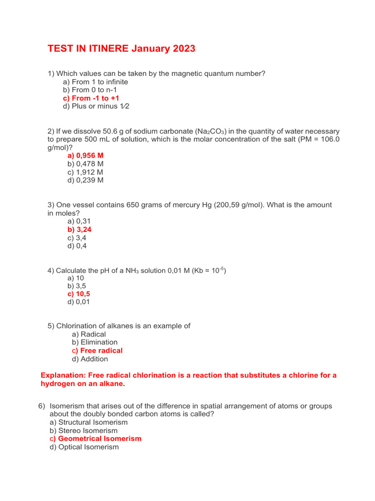 Chemistry Mock Exam Pdf Isomer Alkene