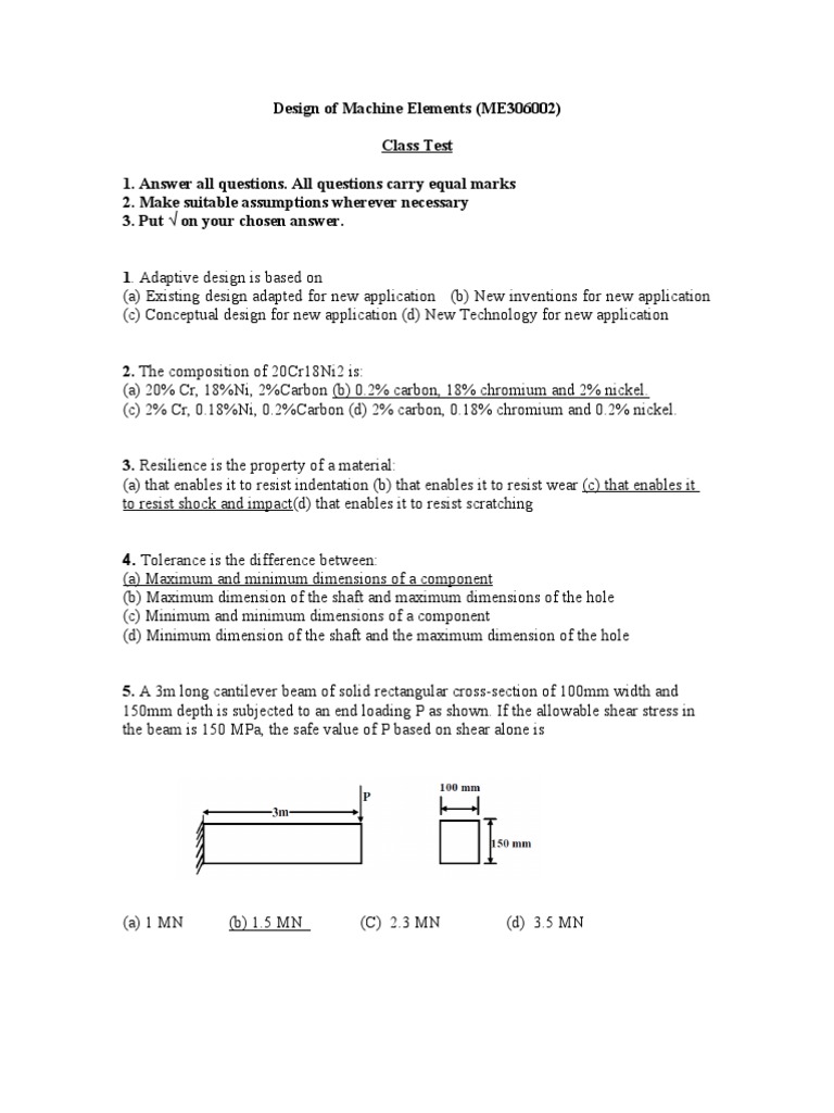 ME306002 Machine Elements Test Questions | PDF | Screw | Strength Of ...