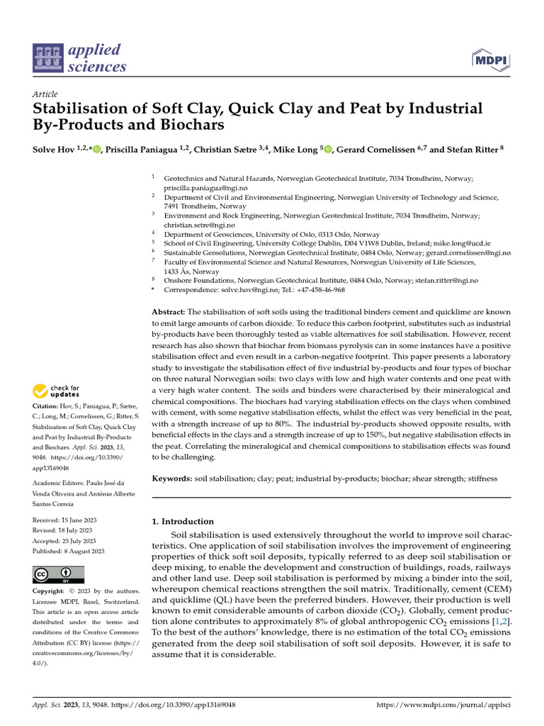Hov Et Al. (2023) Stabilisation of Soft Clay, Quick Clay and Peat by Industrial ByProducts