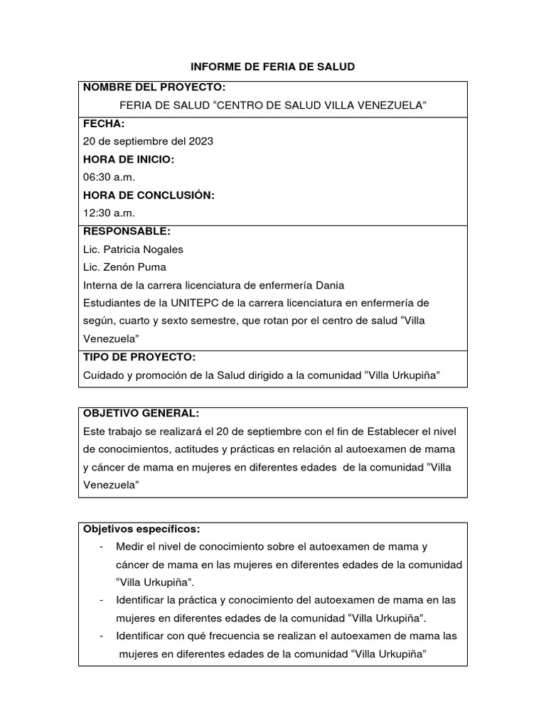 Informe de Feria de Salud VV | PDF | Cáncer de mama | Enfermería