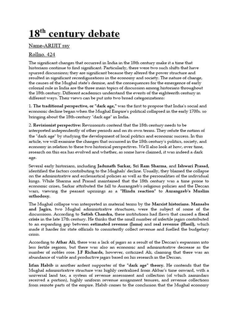 18 Century Debate: Name-ARIJIT Ray Rollno. 424 | PDF | Mughal Empire ...