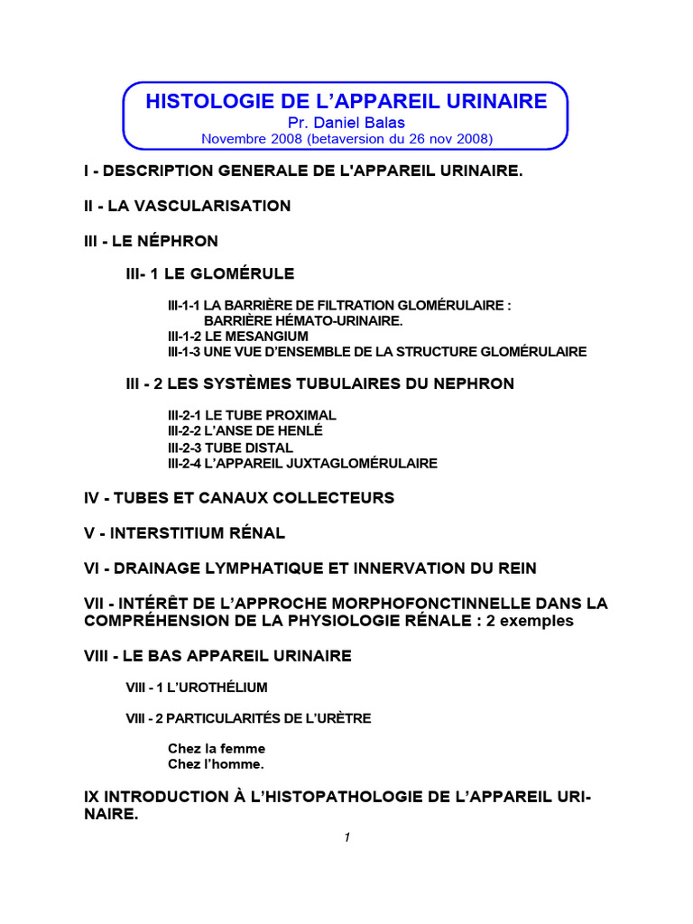 Histologie de l'Appareil Urinaire | PDF | Rein | Appareil urinaire