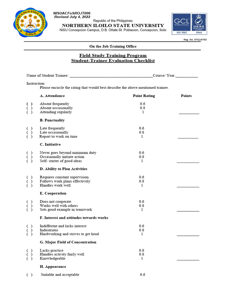 Student-Trainee Evaluation Checklist | PDF | Psychology | Psychological ...