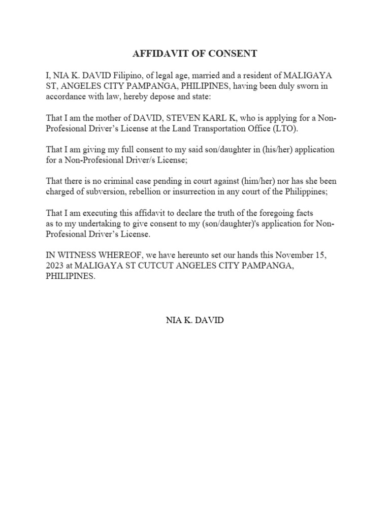 Parent Consent Affidavit for Student License | PDF | Law