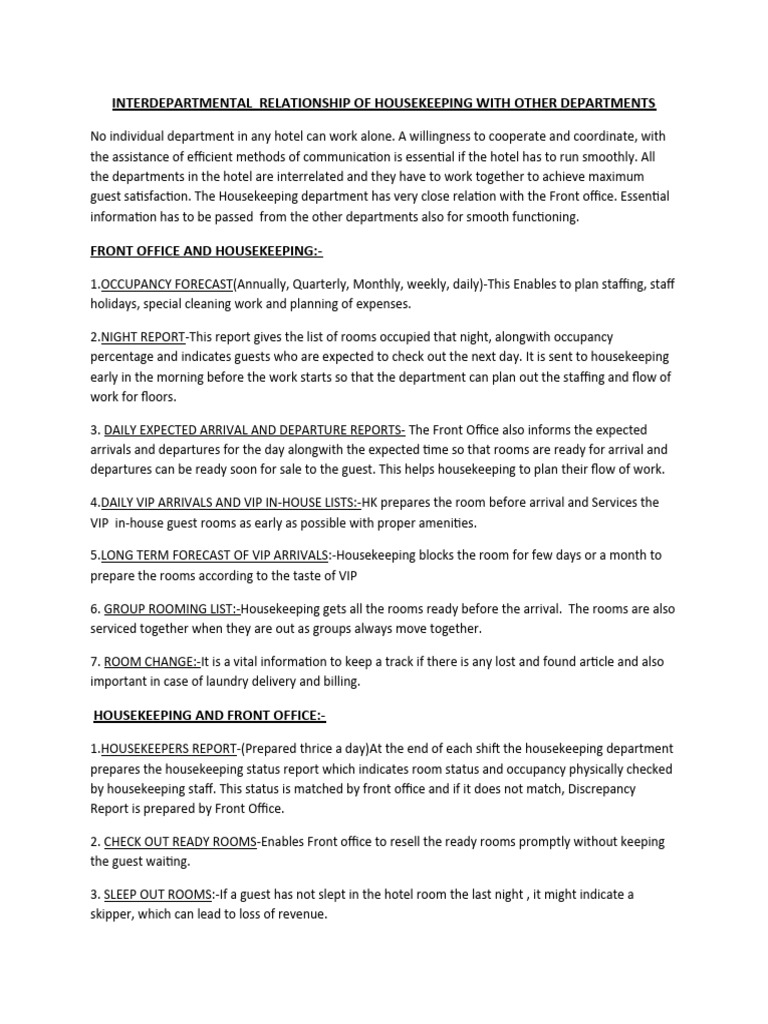 Housekeeping's Interdepartmental Relations | PDF | Housekeeping
