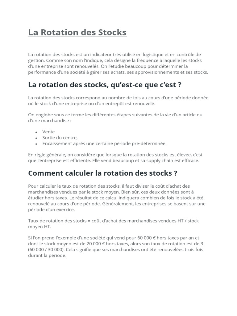 Taux de Rotation des Stocks : Calcul et Interprétation | PDF ...