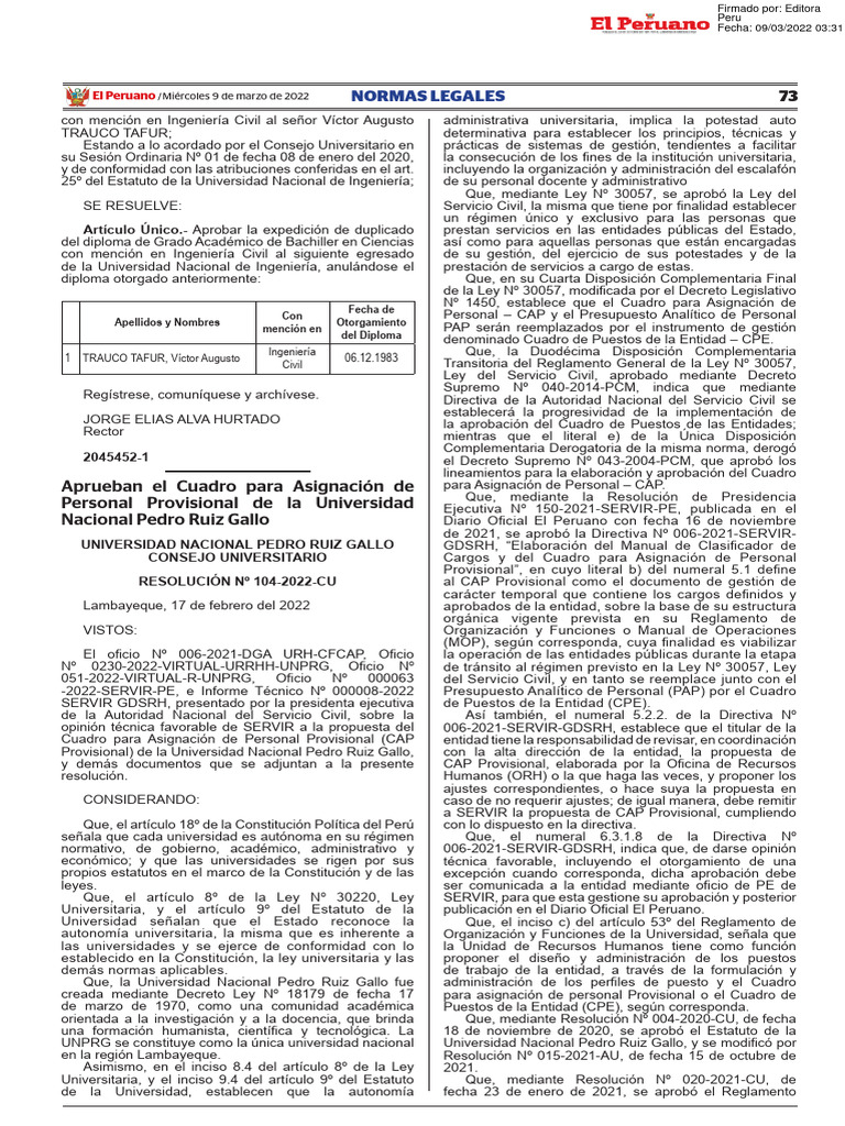 Aprueban El Cuadro para Asignacion de Personal Provisional D Resolucion ...