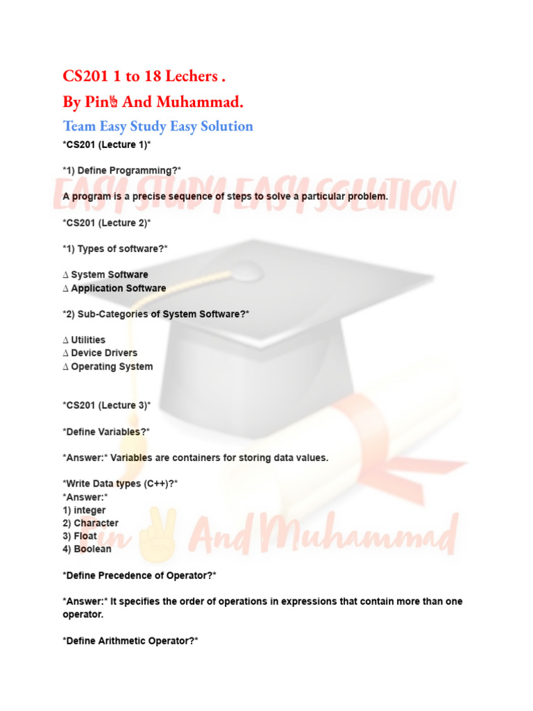 CS201 Lecture Highlights and Notes | PDF | Pointer (Computer ...