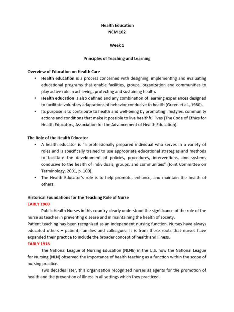 Principles of Health Education in Nursing | PDF | Health Education ...