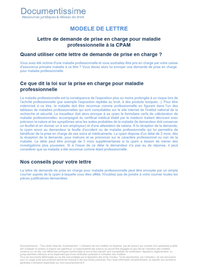 Lettre de Demande de Prise en Charge Pour Maladie Professionnelle A La ...