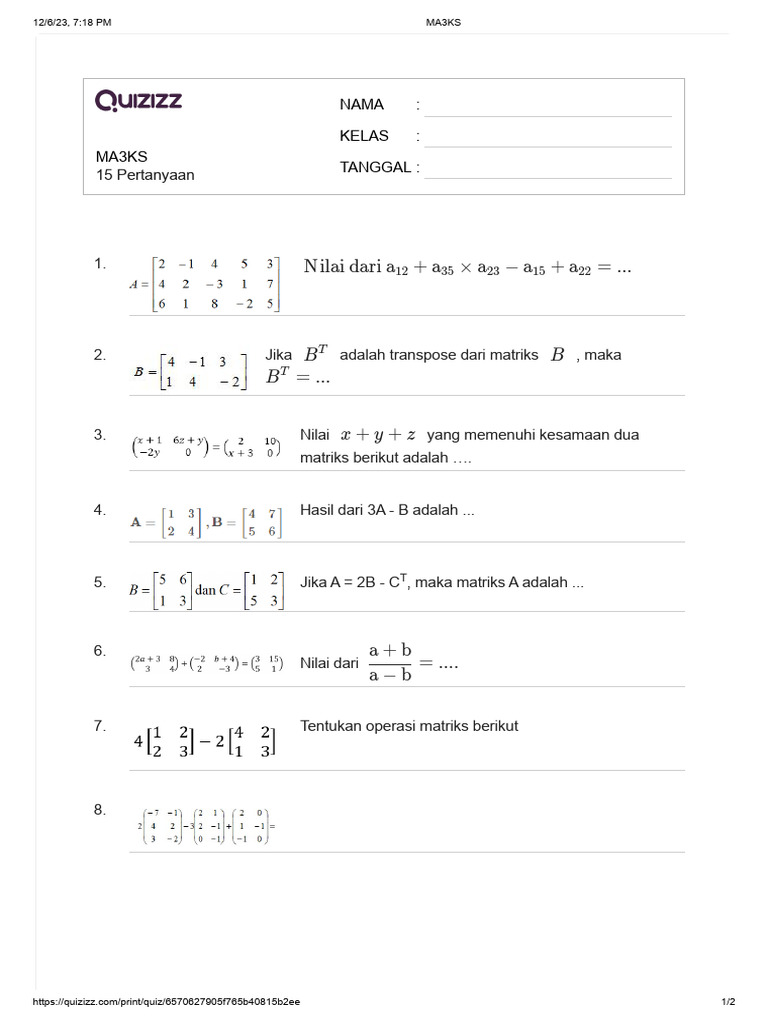 Kuis Soal Matriks Kelas 11 | PDF