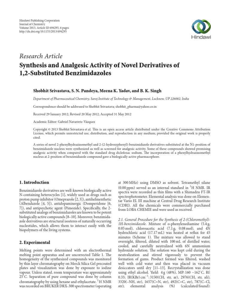 Research Article: Synthesis and Analgesic Activity of Novel Derivatives ...