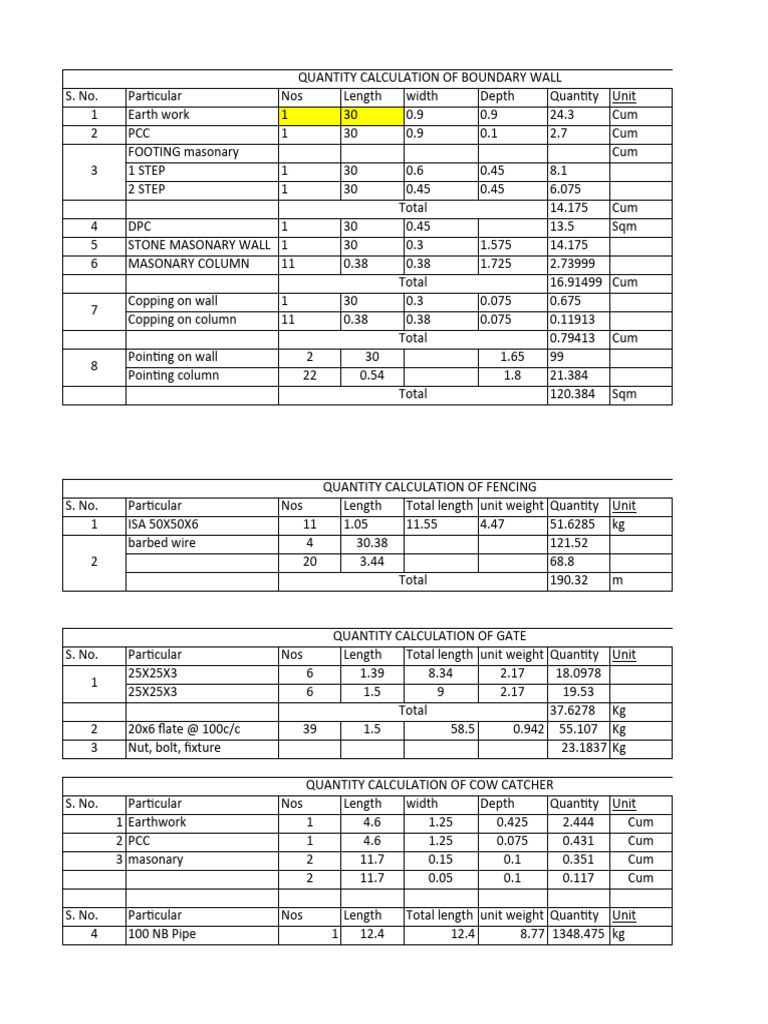 Quantity Calculation Boundary Wall PDF Civil Engineering Components