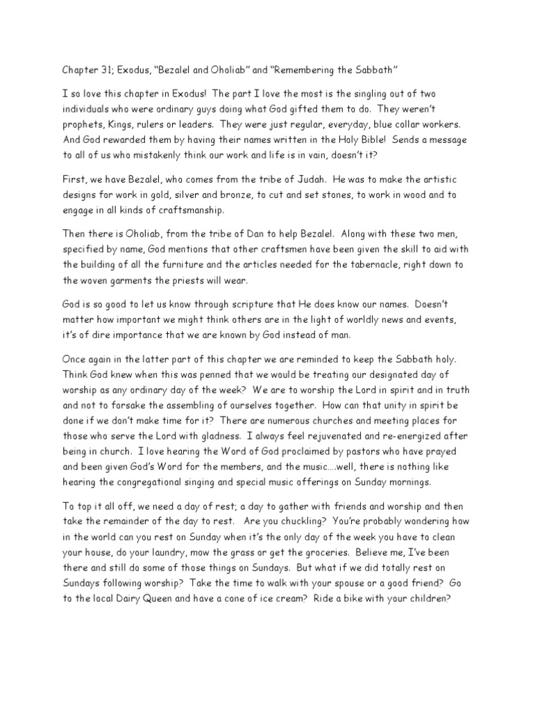 Chapter 31 Exodus Bezalel And Oholiab And Keeping The Sabbath Pdf