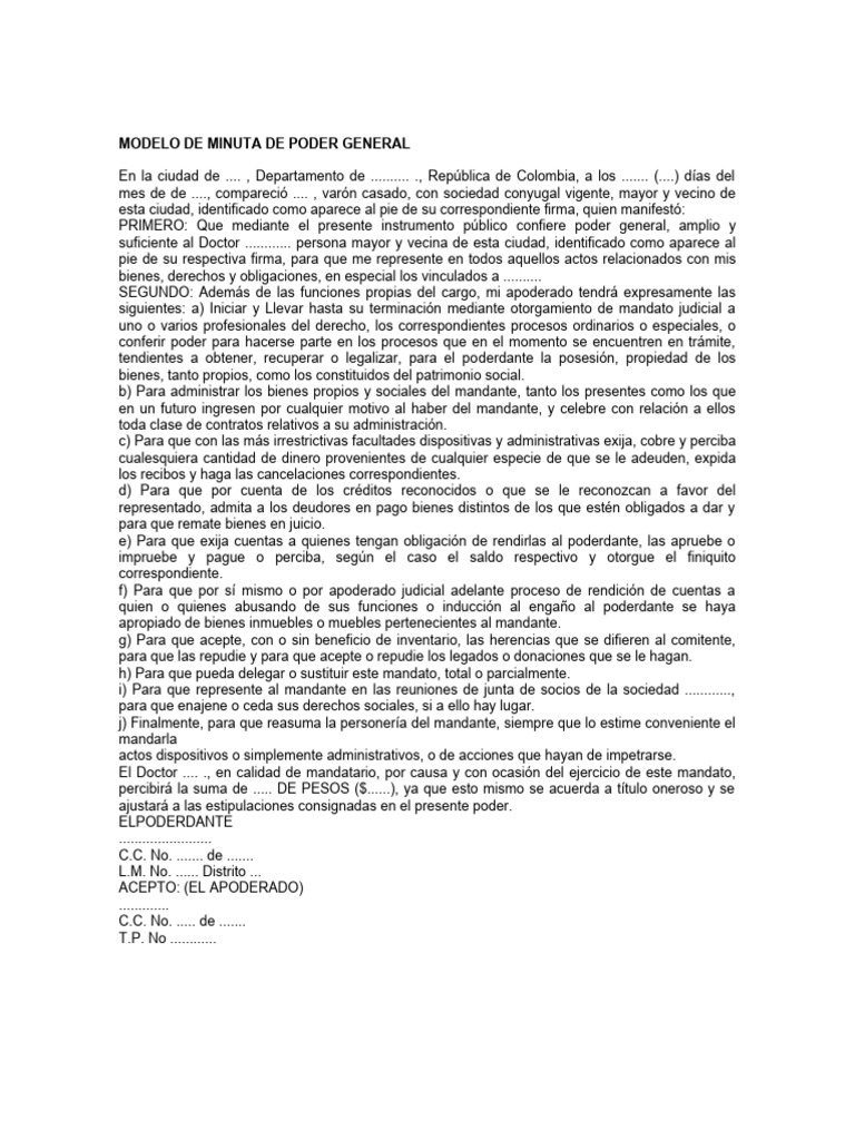 Minuta de Poder General en Colombia | PDF | Gobierno | Justicia
