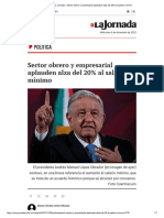 La Jornada - Sector Obrero y Empresarial Aplauden Alza Del 20% Al Salario Mínimo