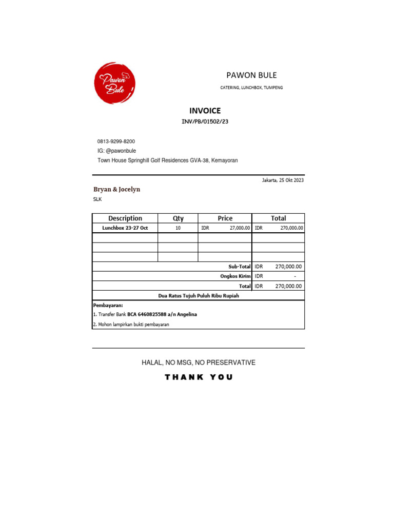 Invoice Bryan & Jocelyn Lunchbox 23-27 Oct | PDF | Indonesian Rupiah
