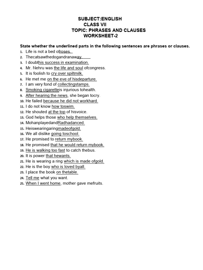 Phrases and Clauses Worksheet for VII | PDF | Foreign Language Studies ...