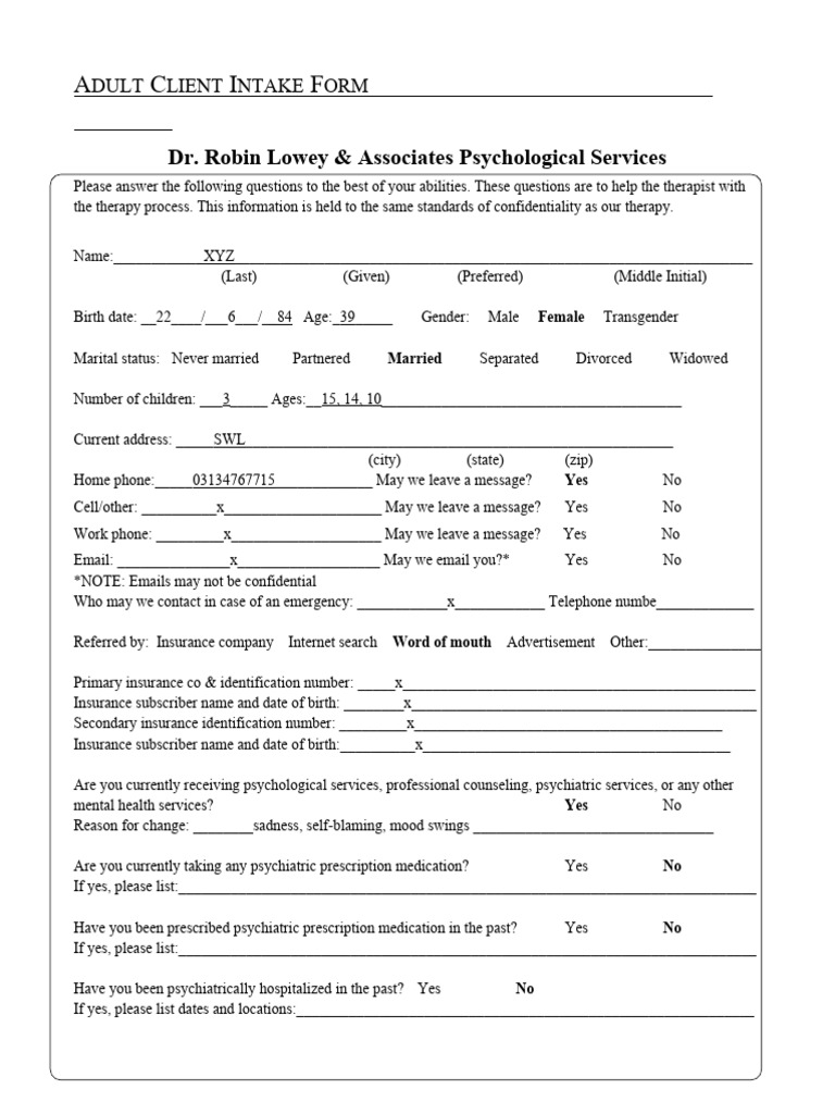 Adult Client Intake Form | PDF | Mental Disorder | Mood Disorders