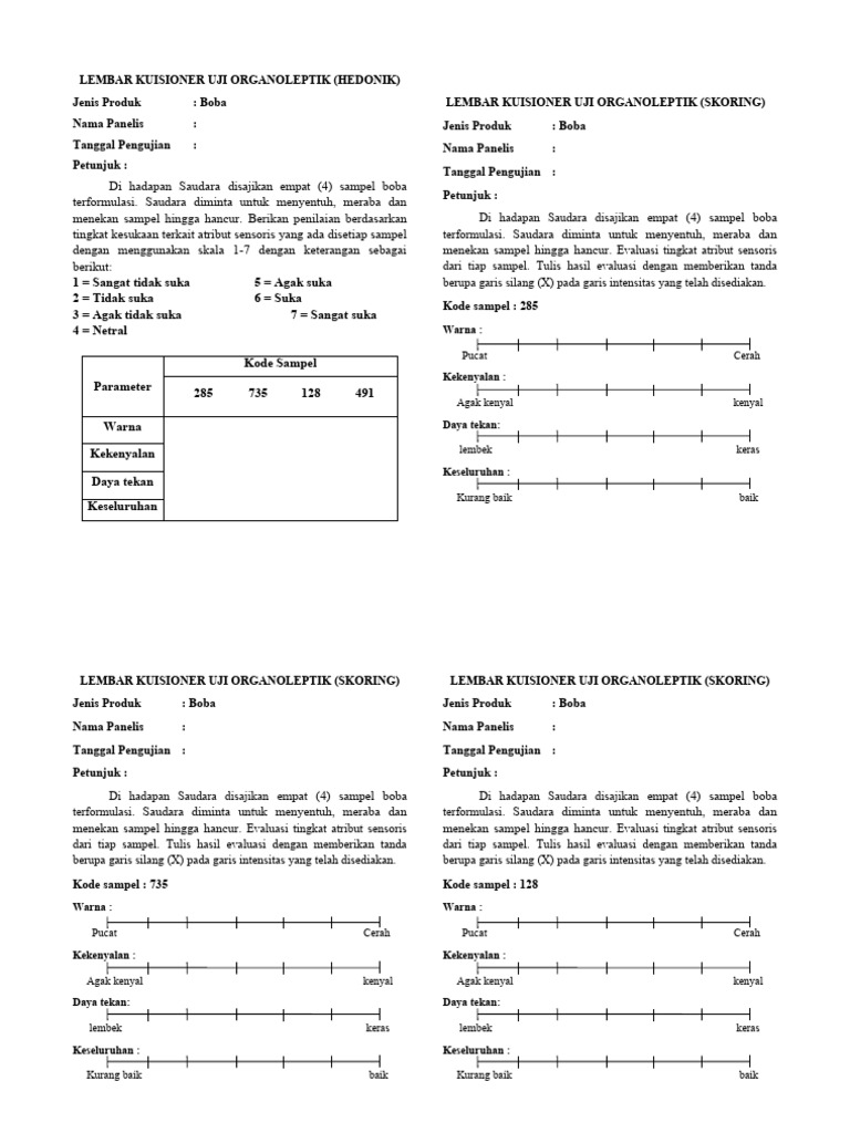 LEMBAR KUISIONER UJI ORGANOLEPTIK Formula | PDF