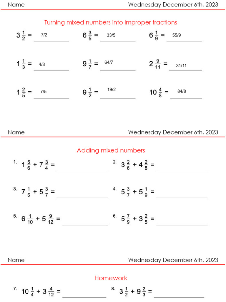 6 DEC 2023 Adding and Subtracting Mixed Numbers | PDF