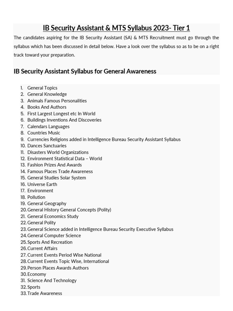 IB Security Assistant & MTS Syllabus 2023 | PDF | Mathematics | Science