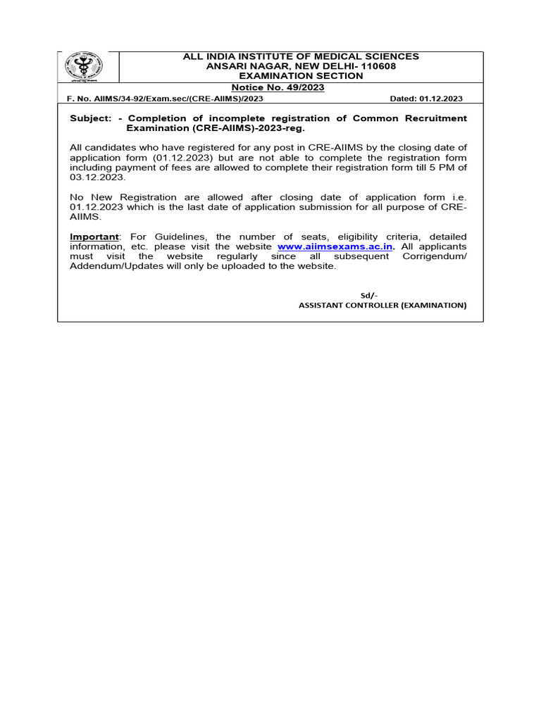CRE-AIIMS 2023 Registration Update | PDF | Business | Finance & Money ...