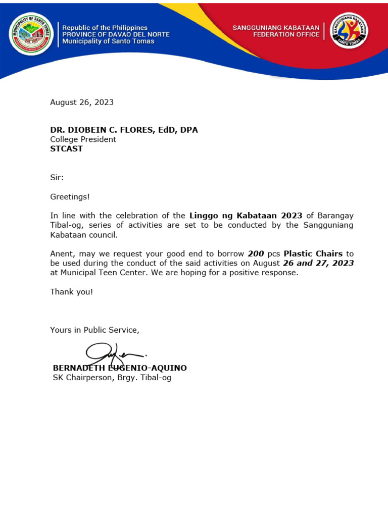 Request Letter For Chairs PDF