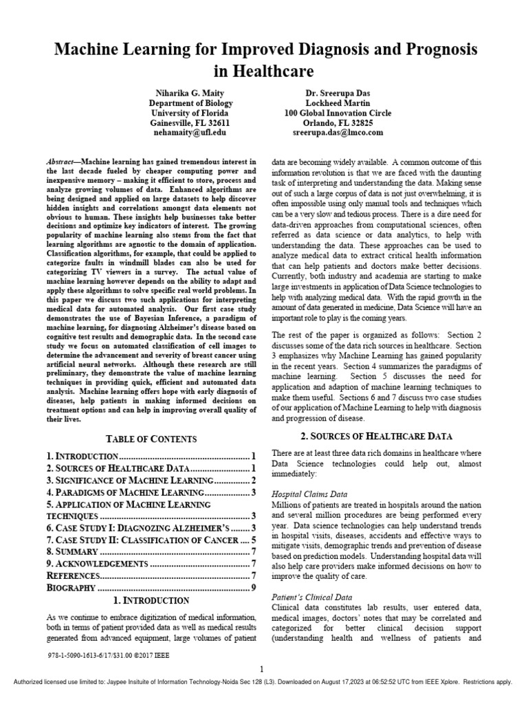 Machine Learning in Healthcare Diagnosis | PDF | Machine Learning ...