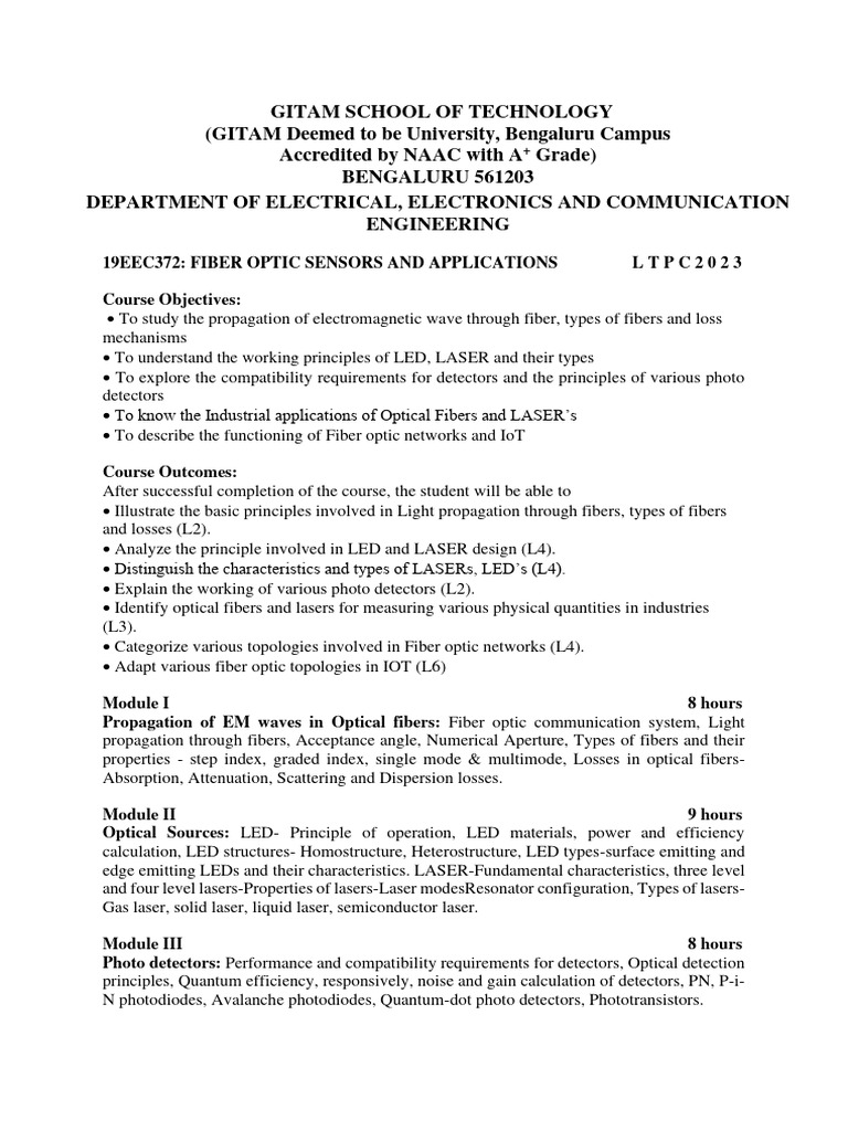 19EEC372 FOSA Syllabus Download Free PDF Optical Fiber Optics