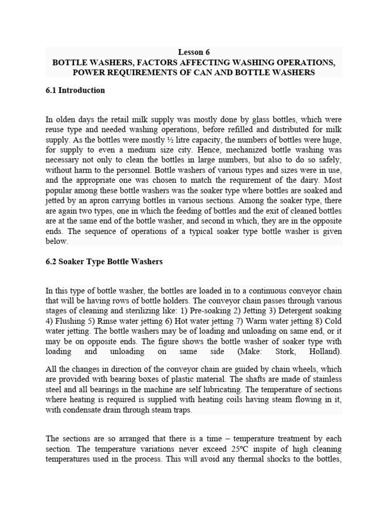 Bottle Washers, Factors Affecting Washing Operations, Power