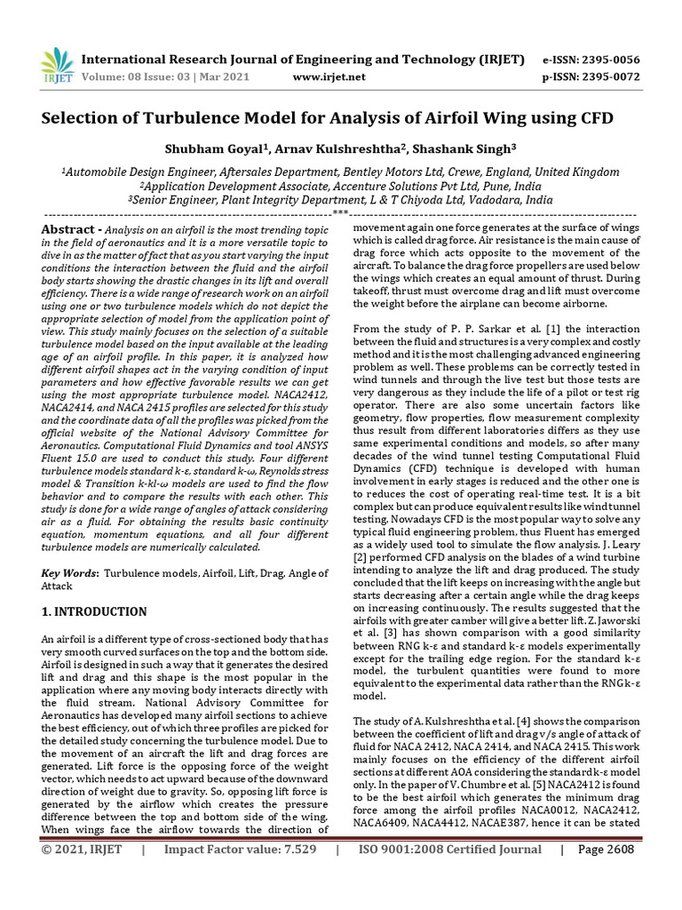 Turbulence Model Selection for Airfoil CFD | PDF | Lift (Force ...
