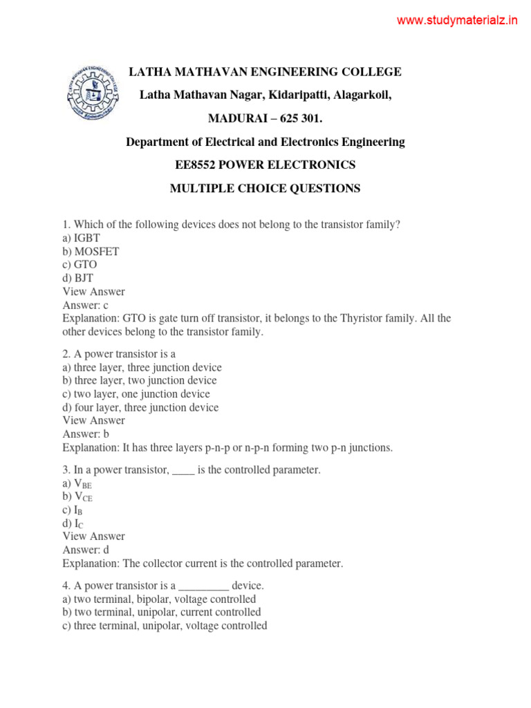Ee8552 Power Electronics MCQ PDF Mosfet Field Effect Transistor