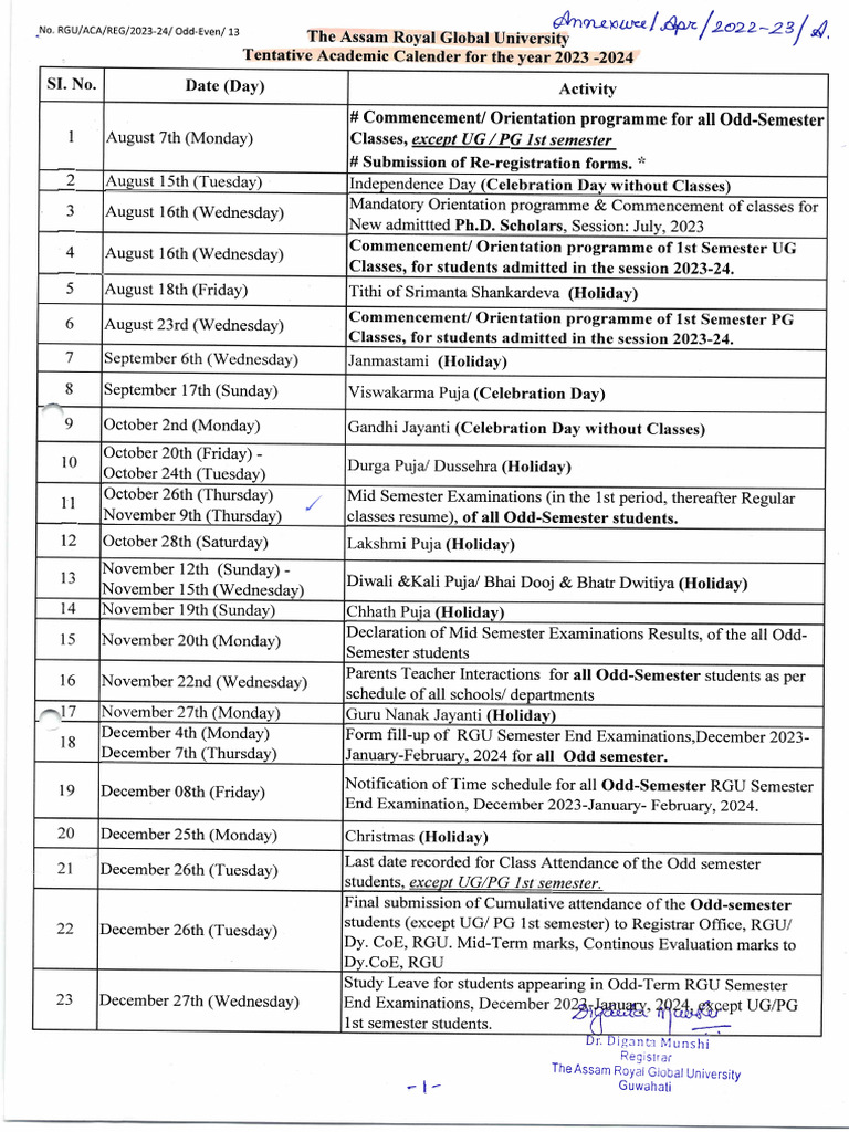 RGU (Academic Calender) (20232024) PDF Academic Term Schools