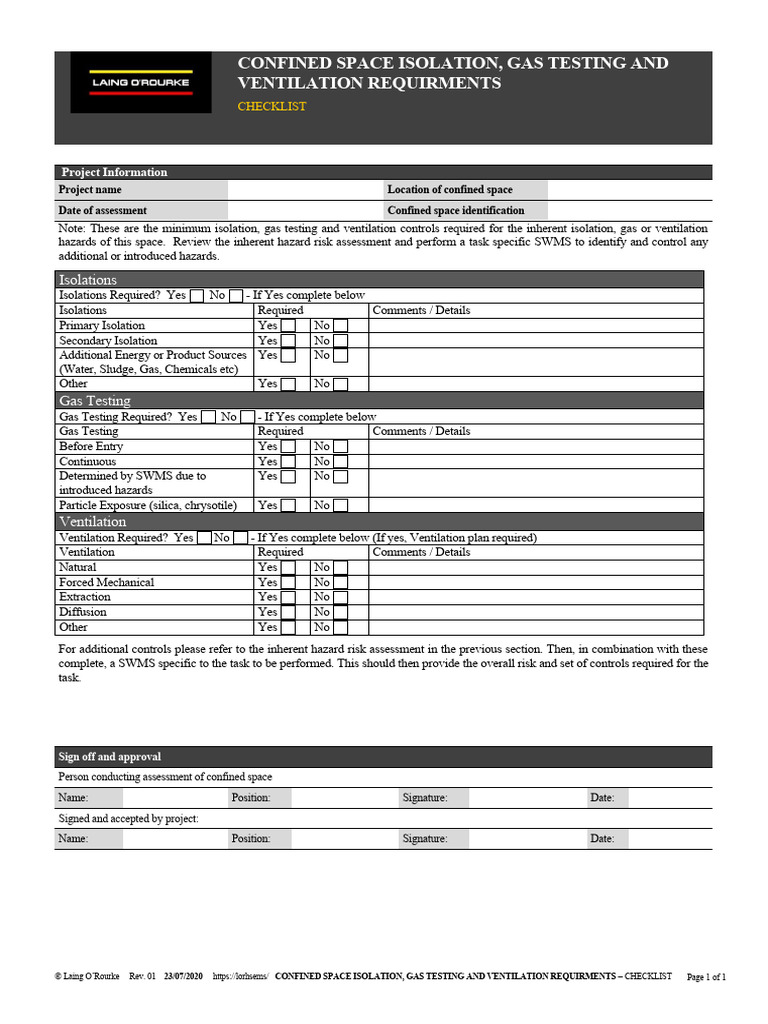 Confined Space Isolation Gas Testing and Ventilation Requirements PDF Hazards Ventilation