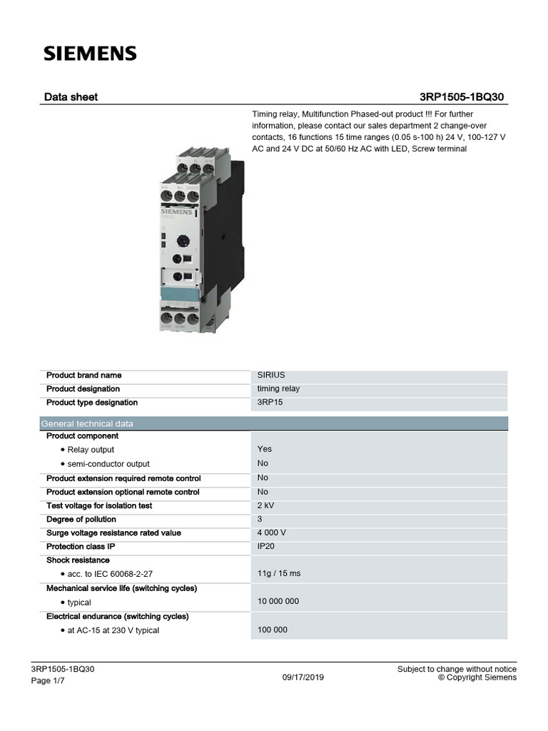 Siemens 3RP1505 1BQ30 Datasheet | PDF | Relay | Alternating Current