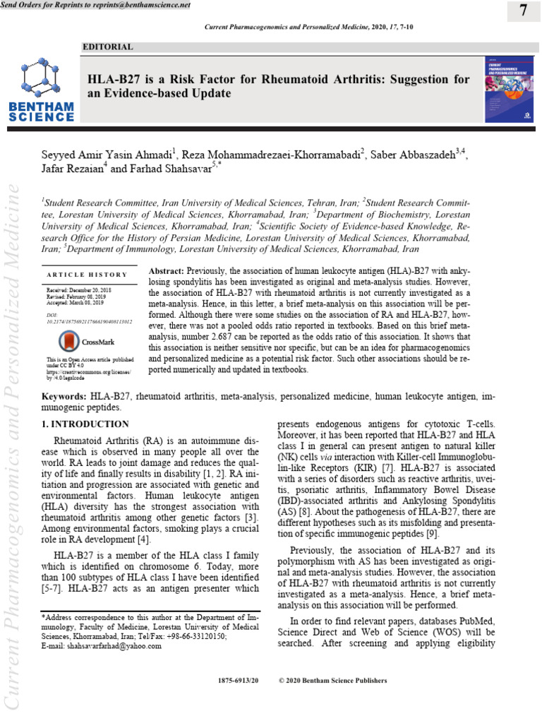 HLA-B27 Is A Risk Factor For Rheumatoid Arthritis Suggestion For | PDF ...