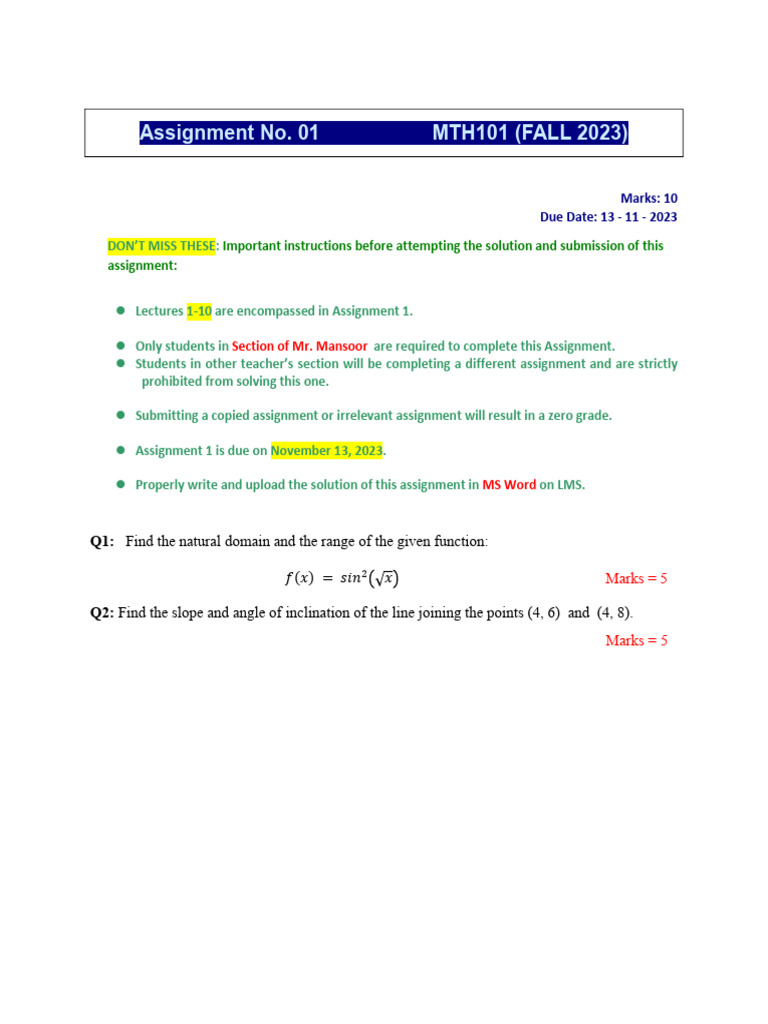 MTH101 Assignment 1 Fall 2023 | PDF