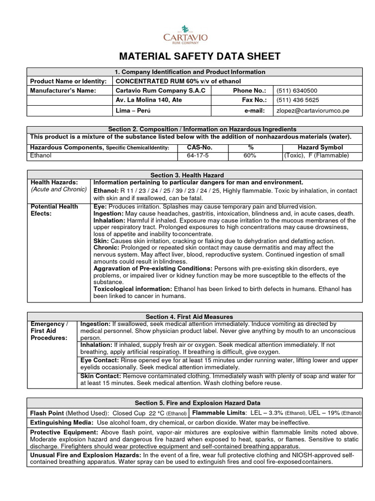 MSDS Rum 60% | PDF | Dangerous Goods | Ethanol