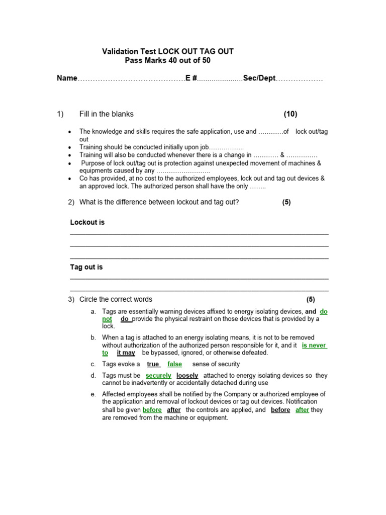 Lockout Tagout Safety Quiz | PDF | Lockout (Industry) | Equipment