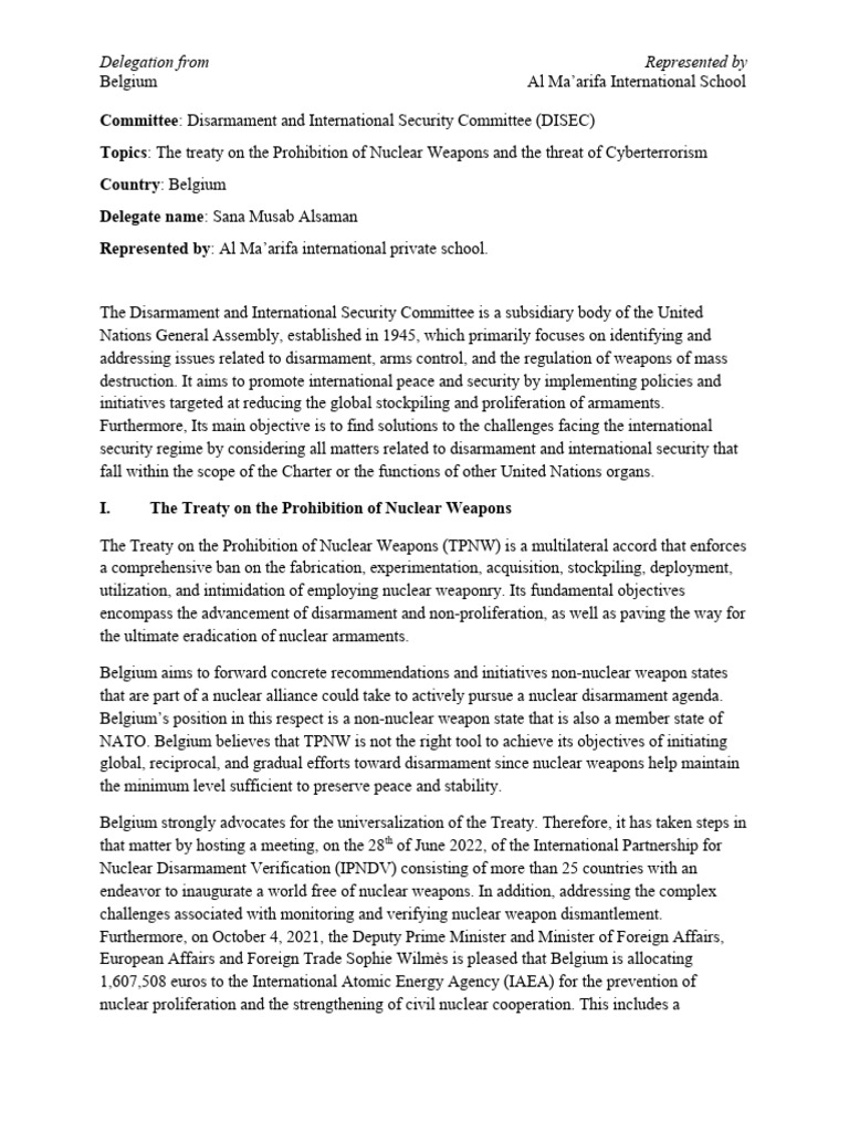 Belgium's DISEC Position on Disarmament | PDF | Computer Security ...