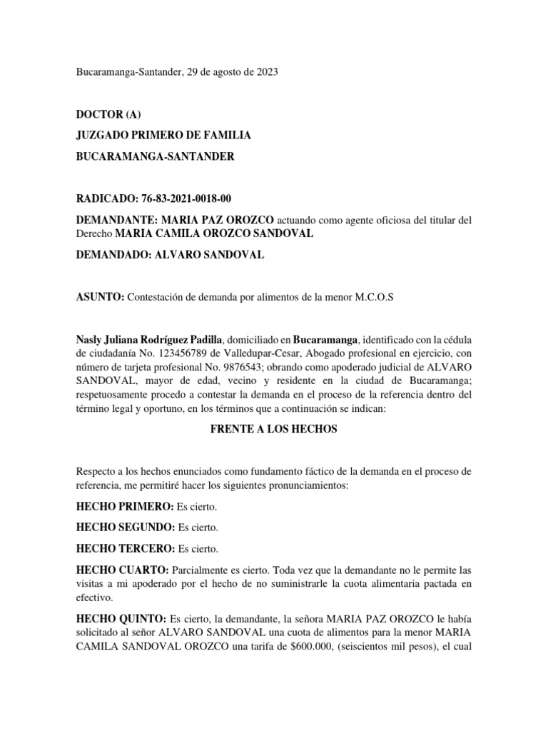 Contestación Demanda Alimentos Bucaramanga | PDF