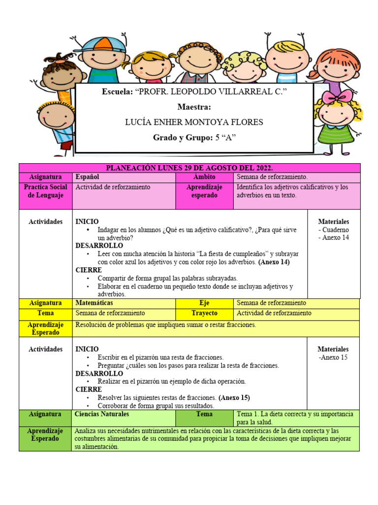 Planeacion Quinto Grado Primaria PDF Dieta Aprendizaje